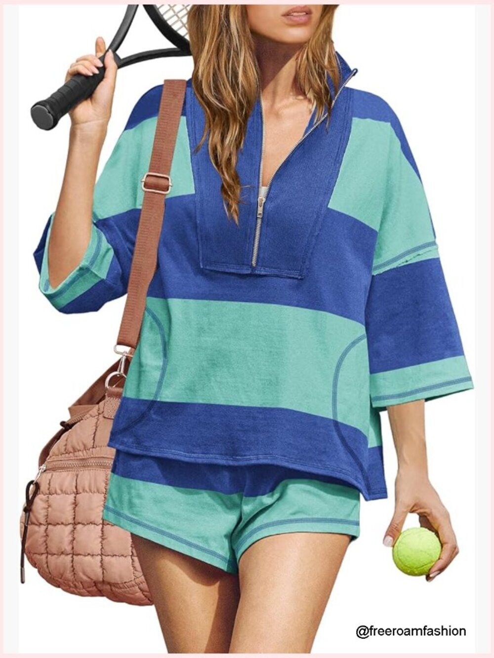 Striped 2 Piece Short Set with Pockets, Loose Fit Lounge